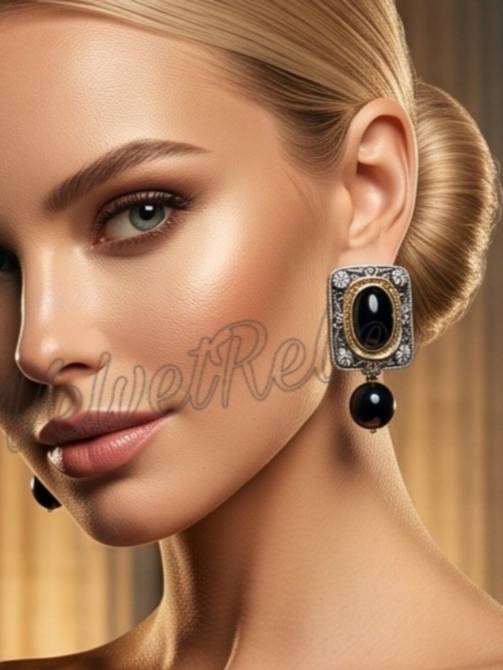 Vintage Black Two-Toned Square Baroque Gold & Silver Drop Earrings